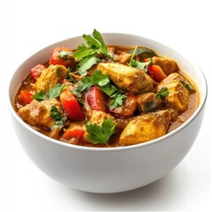 Fototapeta premium Spicy chicken curry with vegetables and rice is a traditional healthy meal served in a bowl