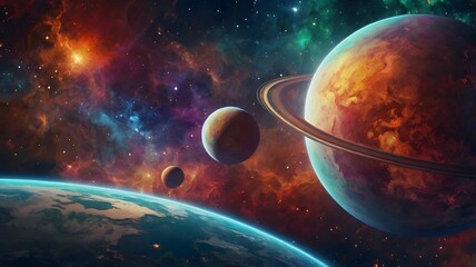 Colorful depiction of planets and celestial bodies in a vibrant cosmic environment