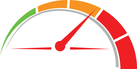 A speedometer graphic showing a red needle pointing towards the red zone, indicating high speed or maximum level.