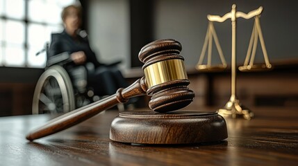 Accessibility and Justice:  A Gavel, Scales, and a Person in a Wheelchair