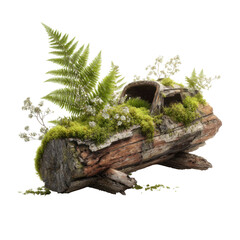Fototapeta premium realistic driftwood log with moss and ferns isolated on transparent background
