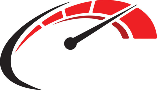 Stylized speedometer graphic with a black needle pointing towards the red zone, indicating high speed or performance.
