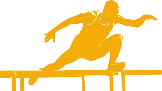 Silhouette of a runner in a yellow uniform, mid-air, leaping over a hurdle during a race