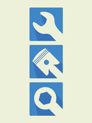 Three blue squares stacked vertically, each containing a white icon: a wrench, a piston, and another wrench.