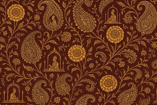 Maroon Mughal Elegance: A Tapestry of Golden Paisley and Tranquil Meditation