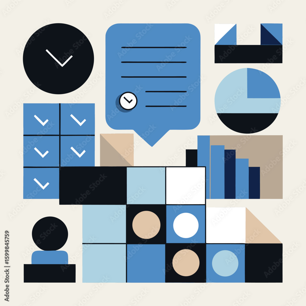 Poster abstract geometric composition with blue and beige tones representing data and time elements for des