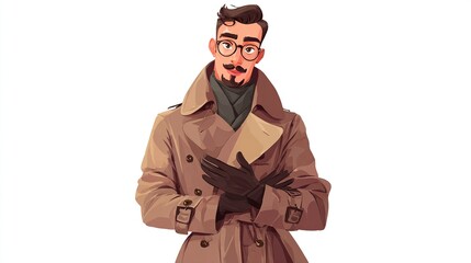 Cartoon of a stylish man wearing a trench coat and gloves against a white background