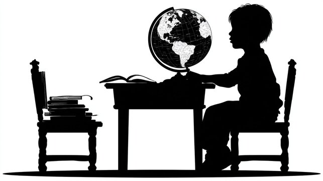 Silhouette of child studying globe, book. Desk, chair, reading, black & white art - Powered by Adobe
