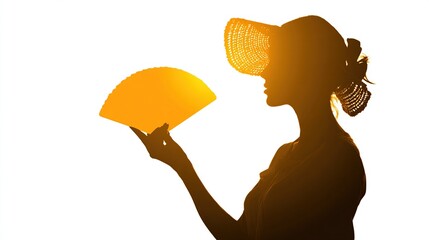 Silhouetted woman with hat and fan against a bright sunlit background