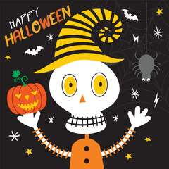 Happy Halloween Skeleton Holding Pumpkin Illustration