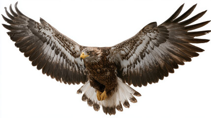 Obraz premium Flying eagle wings spread in mid air white background bird of prey falcon hawk for freedom wildlife concept branding or visuals