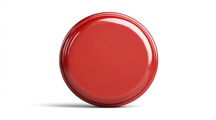 A vibrant red, circular object with a glossy finish and subtly raised edges, shown against a stark white background, casting a small shadow