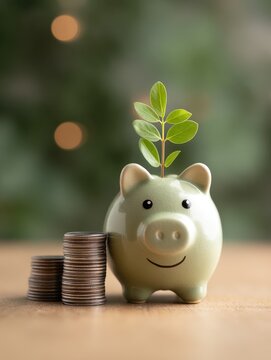 Growing savings with a piggy bank home financial concept indoor close-up view personal finance