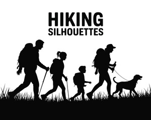 Minimalist black silhouette of family hiking with dog and backpacks, featuring adults and child walking in line on grass with hiking poles and bold headline above