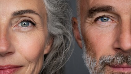 Close-up split-face portrait of an attractive senior couple. A mature man with a grey beard and a beautiful woman with silver hair looking at the camera with confidence and serenity.