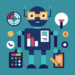 Abstract robot character with business and finance icons displaying statistics and data analysis elements