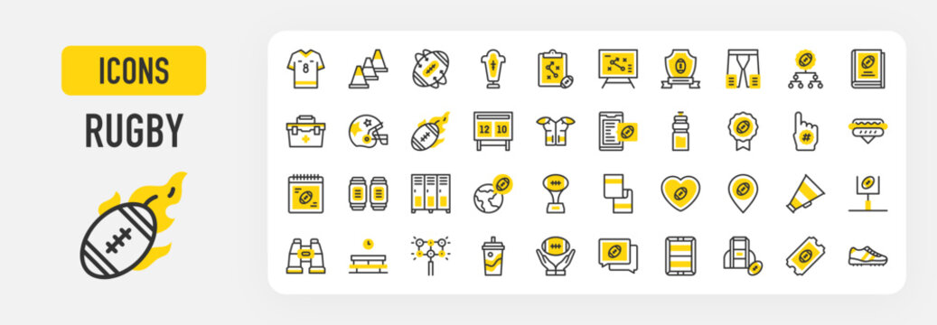 Rugby icons. Locker Room, Strategic Plan, Lighting, Football Jersey, Ticket, Sleeping Mat, Bench, First Aid Kit, Goal Post, Heart, Helmet, Hotdog, League vector stroke illustration.