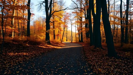 A path through a forest during autumn with golden leaves and dark tree trunks under a bright sky