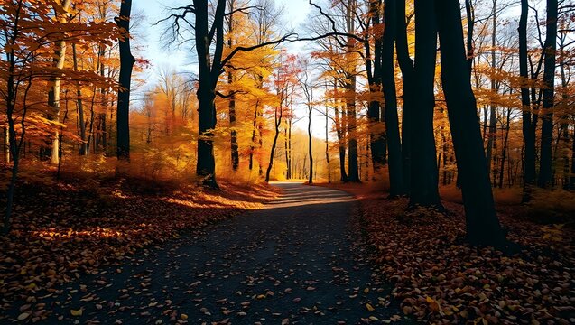 A path through a forest during autumn with golden leaves and dark tree trunks under a bright sky