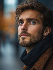 Man with deep thoughts gazes upward against blurred urban backdrop, showcasing his contemplative