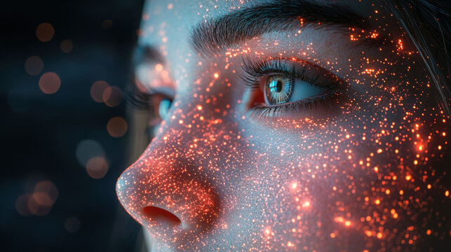 Close up of person face with cosmic, starry effect overlay, showcasing deep eyes and intricate