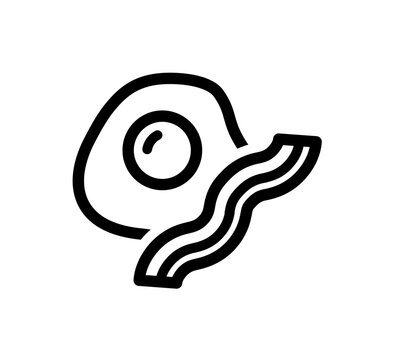 Simple black and white illustration of a fried egg and bacon strip.