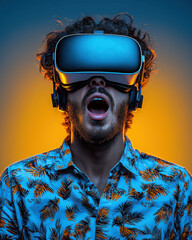 Amazed man wearing virtual reality headset with vibrant background