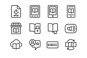 Digital reading icons: ebook, tablet, audiobook, cloud, store, synchronization
