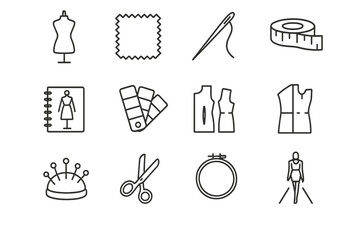 Sewing tools and patterns icons for tailoring and fashion design