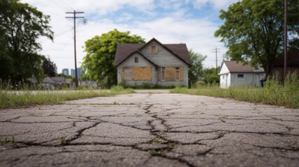 Real estate foreclosure crisis Abandoned house on a cracked road surrounded by overgrown grass.
