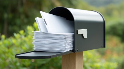 Real estate foreclosure crisis Mailbox overflowing with letters in a green outdoor setting.