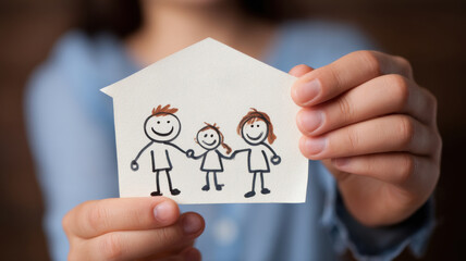 Real estate foreclosure crisis Child holding paper house illustration of a family.