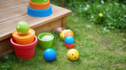 Real estate foreclosure crisis Colorful balls and pots arranged on grass near a wooden deck.