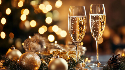 Festive champagne glasses with holiday decorations