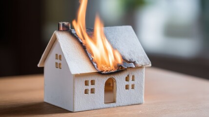 Real estate foreclosure crisis Model house with fire on the roof, symbolizing danger or disaster.