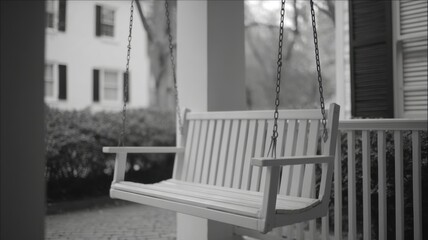 Real estate foreclosure crisis Porch swing in black and white, set against a peaceful backdrop.