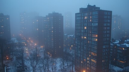 Obraz premium Misty Cityscape at Dusk: A View of Illuminated Apartment Buildings on a Snowy Evening