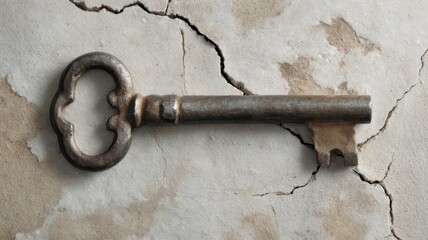 Real estate foreclosure crisis Old, rusty key resting on a cracked concrete surface.