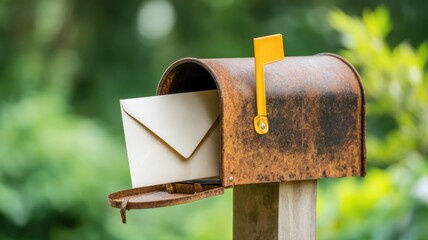 Real estate foreclosure crisis Rusty mailbox with a letter inside on a blurred green background.