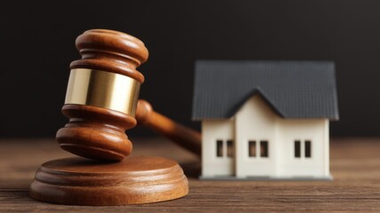 Real estate foreclosure crisis Gavel next to a model house on a wooden surface.