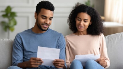 Real estate foreclosure crisis Couple reading letters together on a cozy sofa at home.