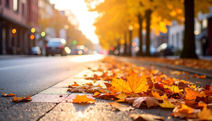 Autumn leaves city street sunset.
