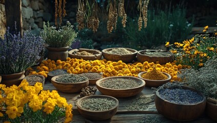 Dried herbs and flowers arranged on wooden table