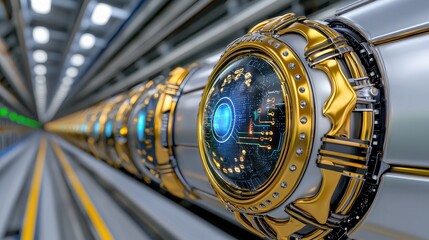 Futuristic Metallic Data Server Array with Holographic Displays