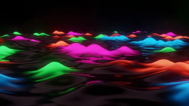 Vibrant Pixelated Terrain Topography with Fluorescent Hues and Geometric Forms Against a Dark Background