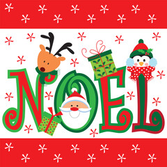 Christmas card design with penguin, Santa, reindeer and noel text
