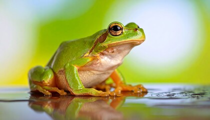 Naklejka premium Green frog on a wet surface