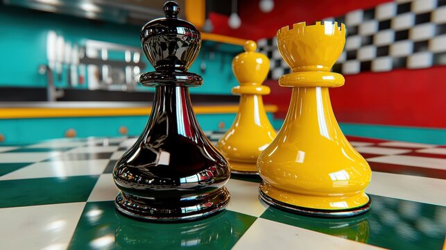 Glossy Black and Yellow Chess Pieces on Retro Diner Chessboard