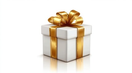 White box present with a gold ribbon and bow, casting reflection on surface