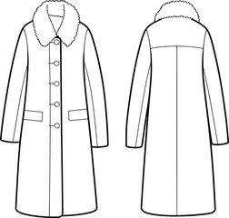 Long winter coat flat sketch with shearling collar, button-up front, front and back view, fashion cad drawing vector template